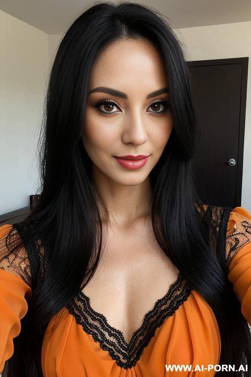 woman long hair orange lace blouse selfie - #main