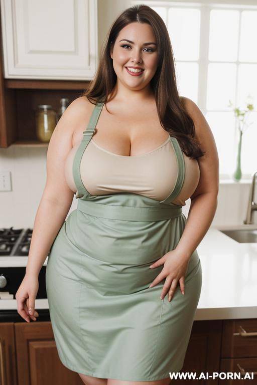 bbw brunette, massive hips, housewife, super plump, wesrning tight apron accentuating curves, happy - #main