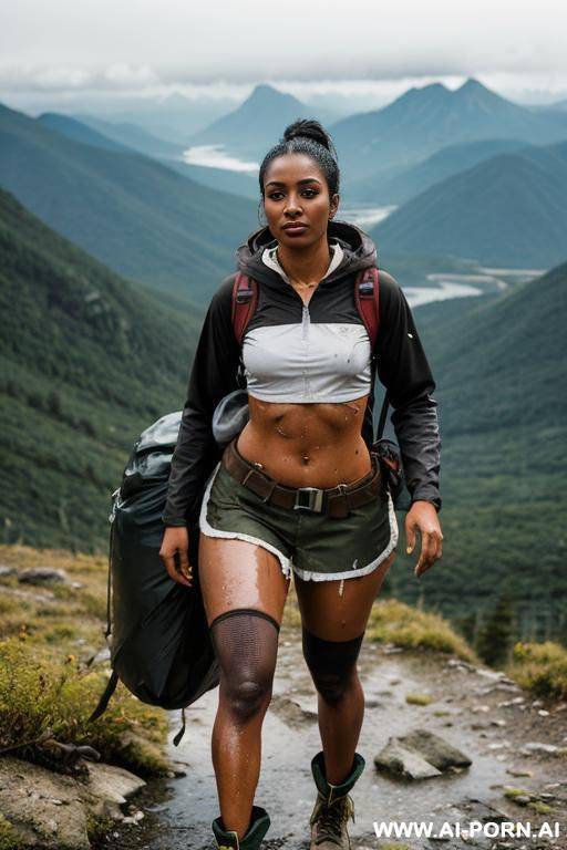 hardworking brown skin ebony woman. covered in oil and watery skin. horrible clothes, tattered clothes. flesh and soft thighs. exposed thighs. skirt below thighs. higher waist closer to chest. very - #main
