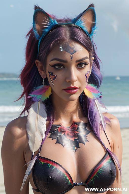face, sexy, beautiful, ((face painting)), ((bikini as seashell)), ((tattoo roses)), ((eyes shw)), ((angel wings)), ((rainbow hair)), ((long bu hair)), ((wind)), (( cat face)), (( cat ears)), (((feather - #main