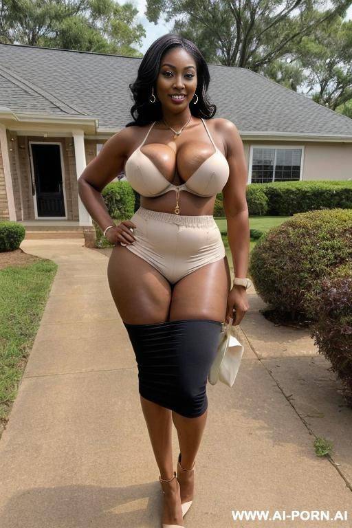 gorgoues ebony supermodel, light skin ebony, massive saggy breasts, hour glass body, tone stomach, teapered waist, full body view, standing in suburban neighborhood, in drive way, - #main
