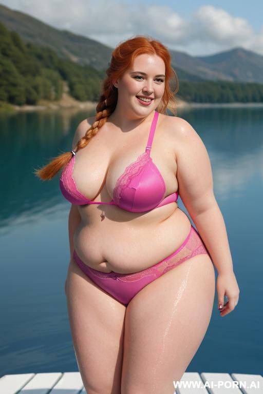 half body photo shot, dynamic angle, about a blue lake, obese bbw with love handless and tummy, she is 1, she is wet, wearing a sexy and hot ((pink)) stocking lingerie. she is so obese and stand up. - #main