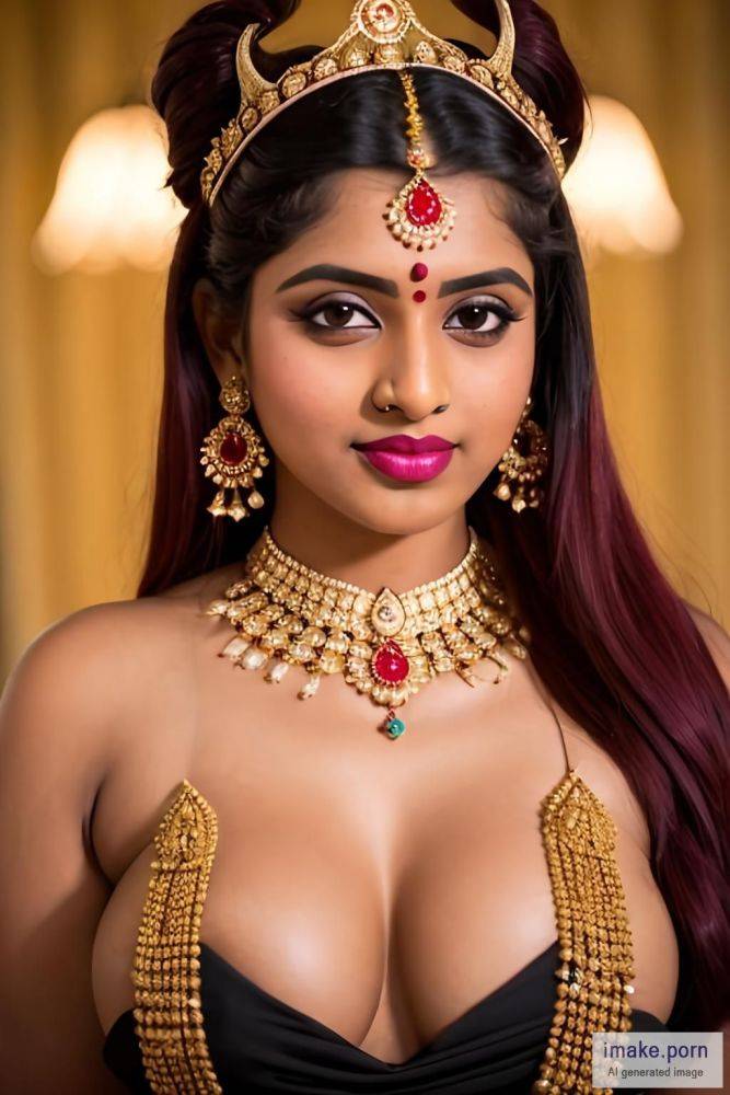 indian girl with devil horns and gold crown and jewels wearing... - #main