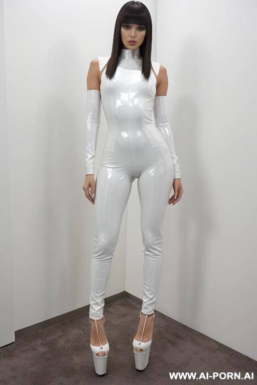 white latex body suit, platform high heels, latina bangs, supermodel, standing, full body shot, - #main