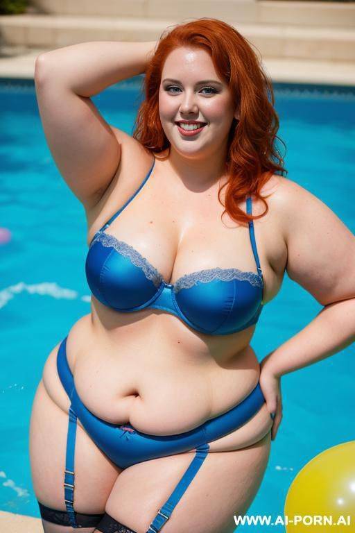 half body photo shot, about a pool party, balloons and foam, very obese fat bbw with love handless and tummy, wearing a sexy and hot blue garter belt stocking lingerie in ((topless)) - #main