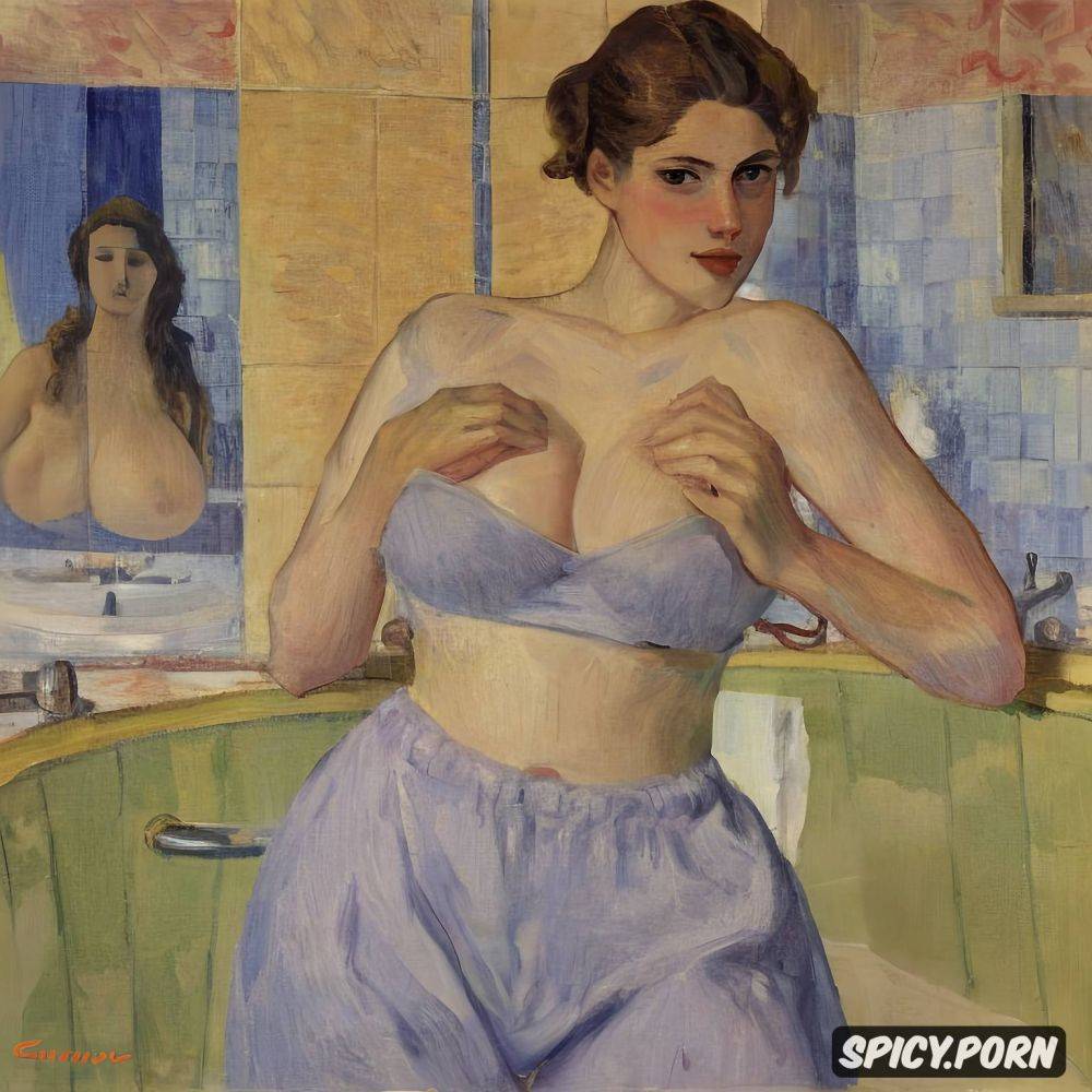 blushing woman with red lips and flushed cheeks in shady bathroom bathing intimate tender modern post impressionist fauves erotic art - #main