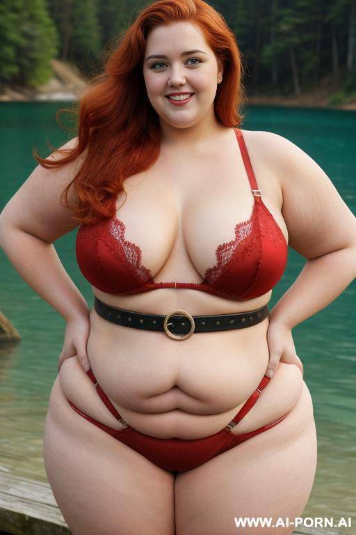 half body photo shot, about at blue lake, obese bbw curvy with love handless and tummy, she is 20 years old, wearing a sexy and hot ((red)) gartert belt lingeries. she is obese, standing with legs slightly apart. - #main