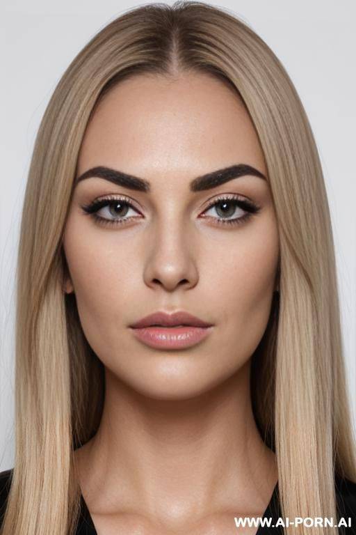 face view only. front view. blonde straight hair, chubby rectanglar face, dark eye shw and eyebrows. long, ended pointy nose. big eyelashes. straight eyebrows. looking straight down the camera. - #main