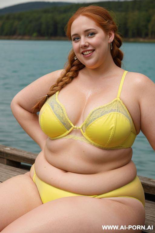 half body photo shot close up, about at blue lake, obese bbw with love handless and tummy, she is d she is wet, wearing a sexy and hot ((yellow)) stocking lingerie. she is so obese. - #main