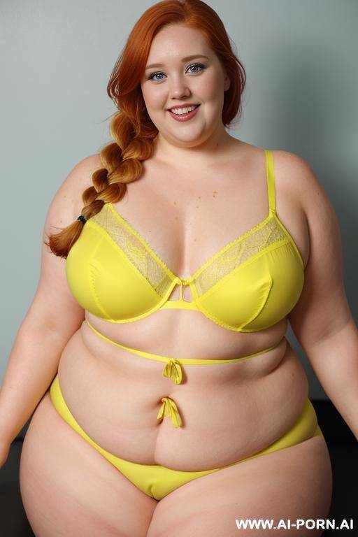 half body photo shot, dynamic angle, about at blue lake, obese bbw with love handless and tummy, she is d she is wet, wearing a sexy and hot ((yellow)) stocking lingerie. she is so obese. - #main