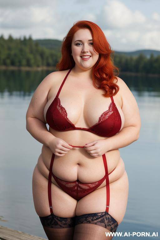 half body photo shot, about at blue lake, obese bbw curvy with love handless and tummy, she is 1, wearing a sexy and hot ((red)) stocking lingerie. she is so obese, standing with legs slightly apart. - #main