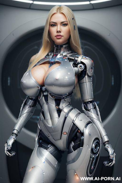 (((super realistic))) ((front view)) (((beautiful cyborg woman))) (((sexy cyborg woman))) ((chinese)) ((blonde)) ((long hair)) (((perfectly beautiful face, sexy plump lips))) (((huge expressive sexy eyes))) - #main