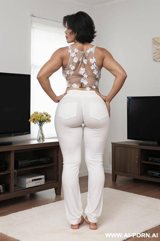 back view, big ass, 0 year old grandmother, full body, standing, short grey hair, lady, clearly visible age marks, triangular hips, thick thighs, hands on hips, wide white flowered pants, black tank top, bare feet, living room in front of the television - #main