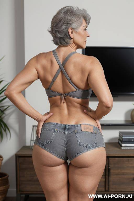 back view, big ass, 0 year old grandmother, full body, standing, short grey hair, lady, clearly visible age marks, triangular hips, thick thighs, hands on hips, denim shorts, grey bikini, living room in front of the television - #main