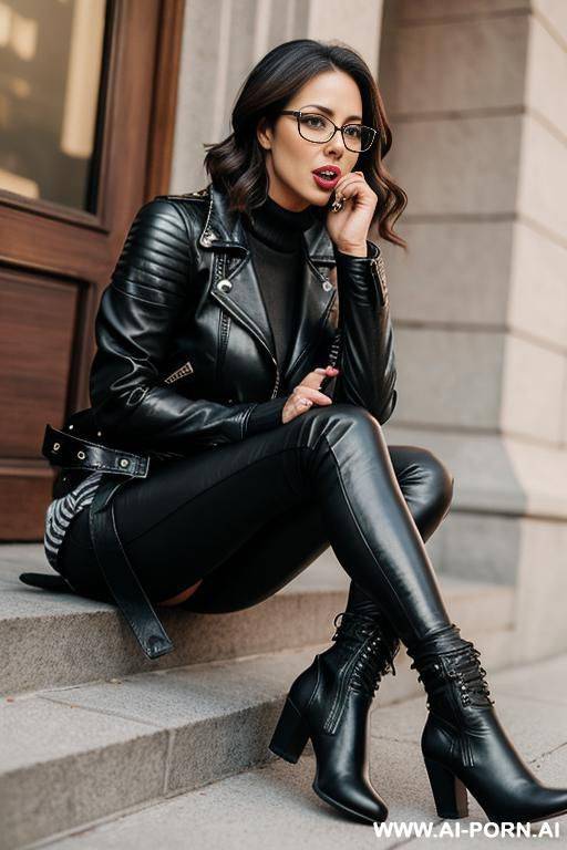 woman with glasses, leather jacket, leather boots, leather leggings lick with her tongue over her lips - #main