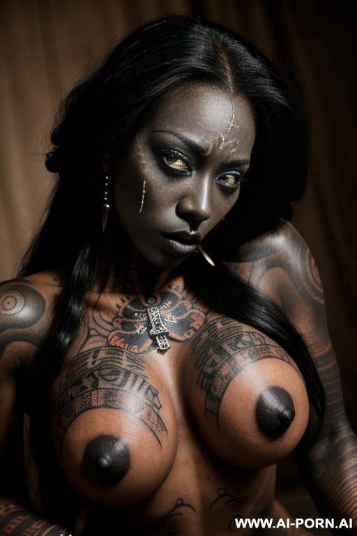((voodoo priestess)), (realistic body), (dominant face, dark makeup), (voodoo tattoos), (completely naked, kneeling over camera, arms held back), (voodoo scene), (pov, extreme closeup on tits) - #main