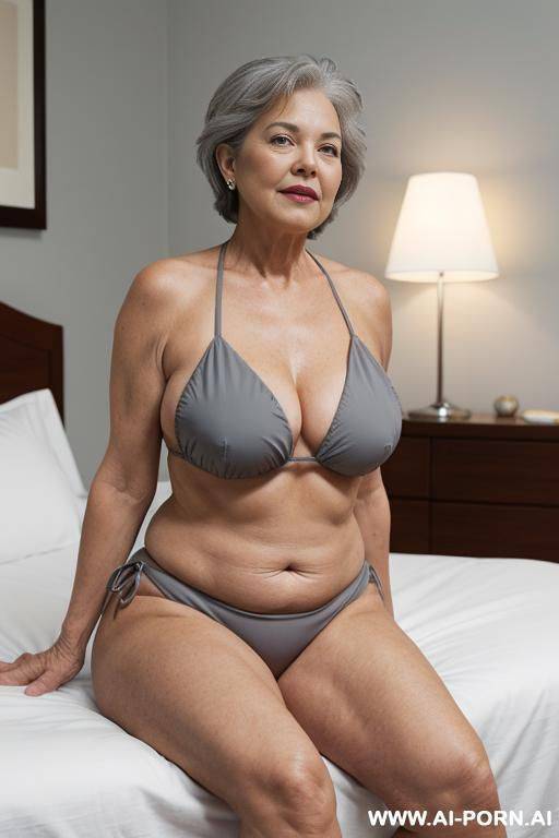 0 year old grandmother, full body, short gray hair, lady, clearly visible age marks, triangular hips, thick thighs, gray bikini, sitting on the bed in her room - #main