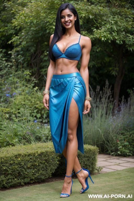 indian, fit, abs, muscular arms, big ass, tall, long legs, navel piercing, blue bra, blue pleat skirt, looking at camera, full body, stiletto, in garden - #main