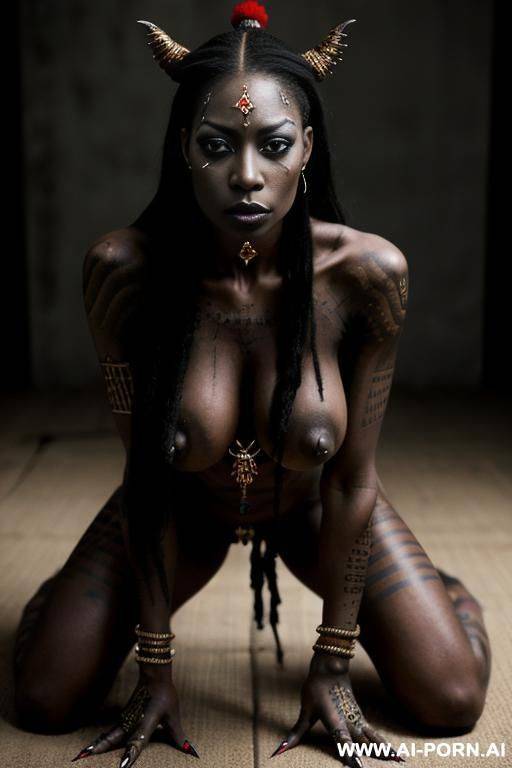 ((voodoo priestess)), (realistic body), (dominant face, dark makeup), (voodoo tattoos), (completely naked, kneeling over camera, arms held back), (voodoo scene), (pov, closeup) - #main
