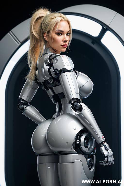(((super realistic))) ((front view)) (((beautiful cyborg woman))) (((sexy cyborg milf))) ((perfectly beautiful face)) ((huge expressive sexy eyes)) ((blonde)) ((hair styled in a long ponytail)) ((sexy - #main