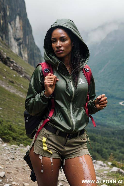 hardworking brown skin ebony woman. covered in oil and watery skin. horrible clothes, tattered clothes. flesh and soft thighs. exposed thighs. skirt below thighs. higher waist closer to chest. very - #main