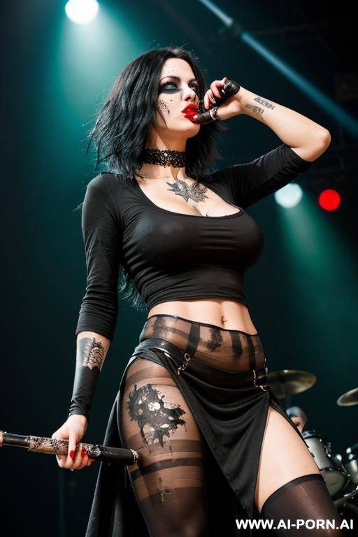 a metalhead woman wearing a long skirt and a tight shirt. she has corpspaint on her face. her hair is short and black. her tights are juicy and her breasts are big and hanging down. a concert can be seen in the background. - #main