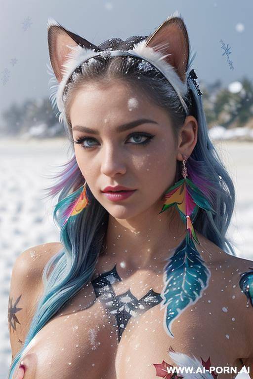 face, sexy, beautiful, ((face painting)), ((bikini as seashell)), ((tattoo roses)), ((eyes shw)), ((angel wings)), ((rainbow hair)), ((long bu hair)), ((wind)), (( cat face)), (( cat ears)), (((feather - #main