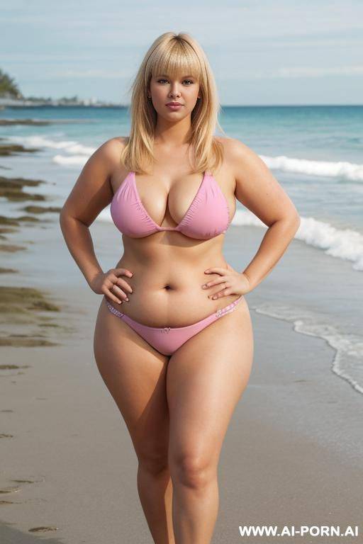 chubby woman, full body, standing, blonde hair with bangs, triangular hips, thick thighs, hands on hips, wearing pink bikini, walking along the beach full of women - #main