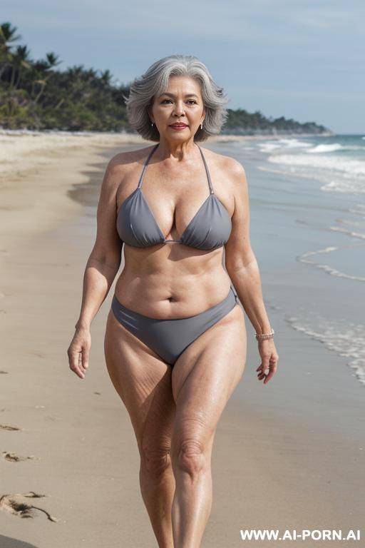 0 year old grandmother, full body, standing, short gray hair, lady, clearly visible age marks, triangular hips, thick thighs, wearing gray bikini, walking along the beach full of women - #main