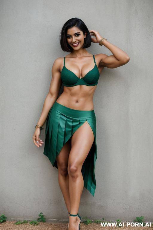 indian, fit, abs, muscular arms, big ass, tall, long legs, navel piercing, green bra, green pleat skirt, looking at camera, full body, stiletto, in garden, leaning against wall - #main