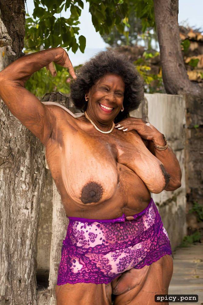 ebony, flat hanging saggy breast, hairy armpits, photo, scars - #main