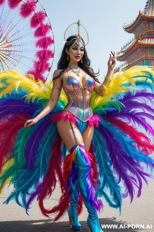 chinese, rainbow feather studed bright diamond transparent corset，feather tutu skirt， mesh robe， rainbow sequin bra ,necklace，rainbow large pointed thigh-high boots - #main