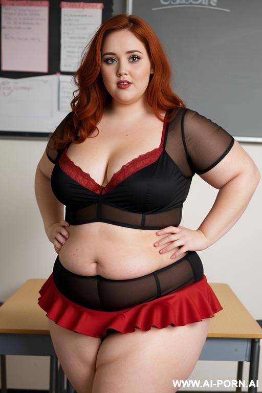 full body photo shot, about at classroom, so chubby and so fat bbw curvy teacher, wearing a sexy and hot micro red ruffle microskirt and lingerie, speaking to the classroom. she is obese - #main