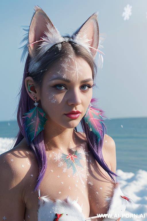 face, sexy, beautiful, ((face painting)), ((bikini as seashell)), ((tattoo roses)), ((eyes shw)), ((angel wings)), ((rainbow hair)), ((long bu hair)), ((wind)), (( cat face)), (( cat ears)), (((feather - #main