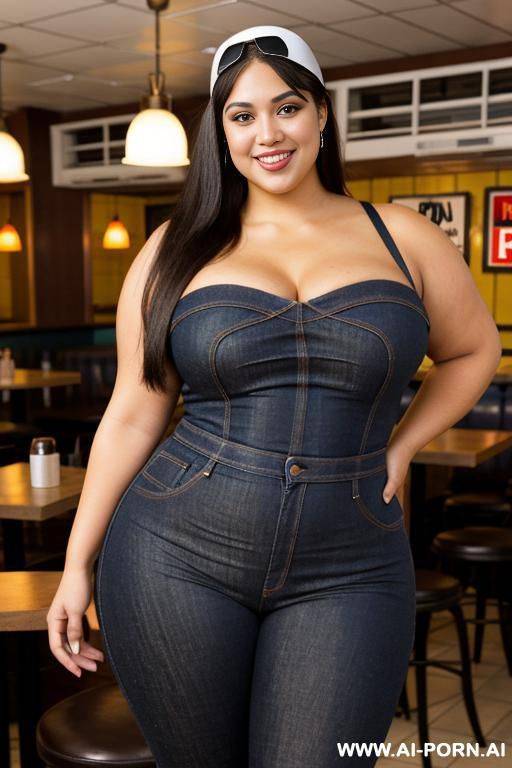 hot puerto rican woman, pear shaped, seductive eyes, wearing visor, pizza parlor, super thicc bbw, enormous hips, wide body, fat woman, happy, eager - #main