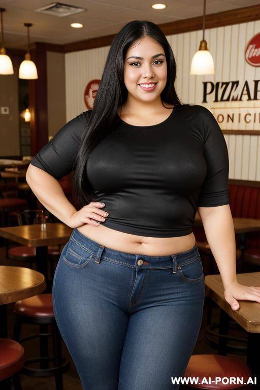 hot puerto rican woman, pear shaped, seductive eyes, wearing visor, pizza parlor, super thicc bbw, enormous hips, wide body, fat woman, happy, eager, 00 pounds - #main