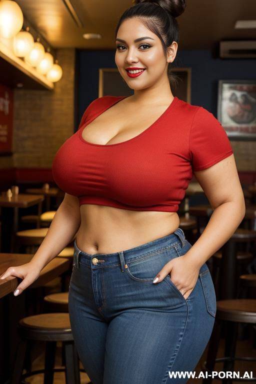 supermodel face, mexican, chola, pear shaped body,, pizza parlor, tight clothes, red shirt, big tummy, fat woman - #main