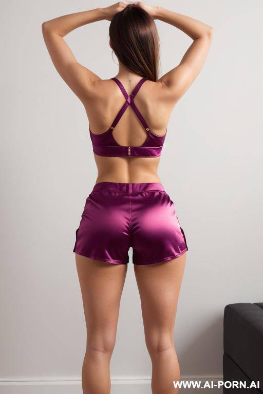 wearing a tight satin shorts, standing with arms stretched up high - #main