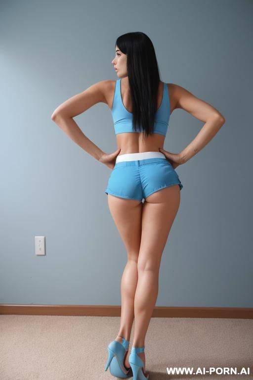 wearing a blue hotpants, standing with arms stretched up, wearing high heel slippers - #main