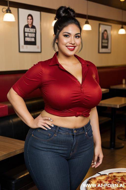 supermodel face, mexican, chola, pear shaped body,, pizza parlor, tight clothes, red shirt, fat woman - #main