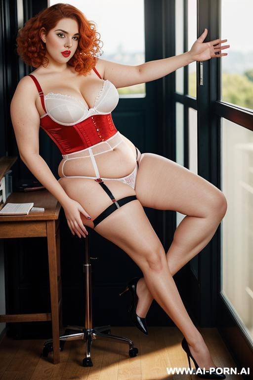 full body photo shot, about at classroom, so chubby and so fat bbw curvy teacher, wearing a sexy and hot micro red ruffle microskirt and elegant micro garter belt top, speaking to the classroom. - #main