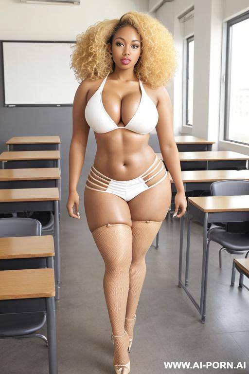 half african and asian woman with bbw body , {{{very curly hair}}}, full body view, high heels shoes, large hoop earrings, ((blond hair)) - #main