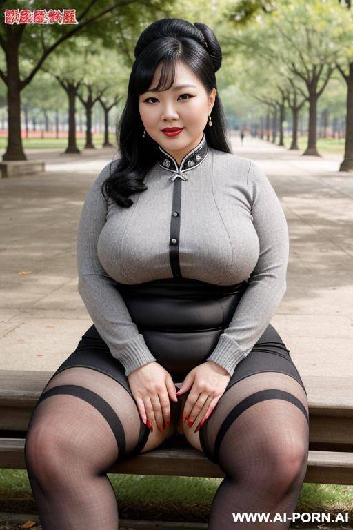 bbw chinese granny in grey stockings pussy hair in park - #main