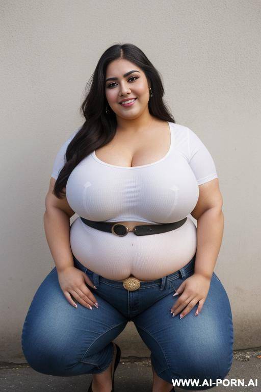 extremely rotund, ssbbw, fat gorgeous mexican, extremely augmented hips, lots of makeup, chola, hourglass shape, massively wide hips, big woman, pizza parlor, extra thicc, plumped up, tight white shirt, ass up, white jeans - #main