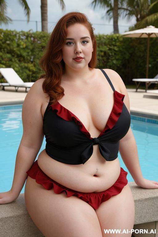 half body photo shot, about at pool, so chubby and so fat bbw curvy teacher, wearing a sexy and hot micro red ruffle microskirt and lingerie, speaking to the classroom. she is obese, so white skin - #main
