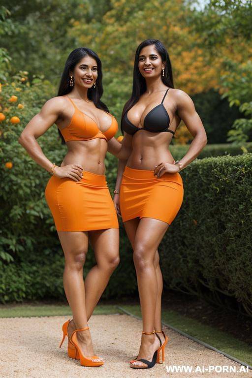 two indian women, fit, abs, curvy, muscular arms, big ass, tall, long legs, navel piercing, orange bra, orange pleat skirt, looking at camera, full body, stiletto, in garden, next to each other - #main