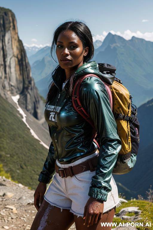 hardworking brown skin ebony woman. covered in oil and watery skin. horrible clothes, tattered clothes. flesh and soft thighs. exposed thighs. skirt below thighs. higher waist closer to chest. very - #main