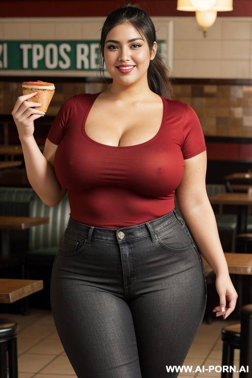 supermodel face, mexican, chola, pear shaped body,, pizza parlor, tight clothes, red shirt, extra thicc, fat woman, extremely plump, huge hips - #main