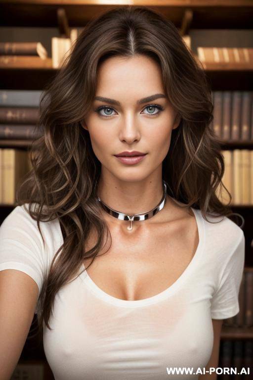 ((german top model)), (natural body, long wavy brown hair, brown eyes, features), (surprised face), (white t-shirt), (pov, closeup on face), (standing in cozy bookstore scene), (solid chrome neck collar) - #main