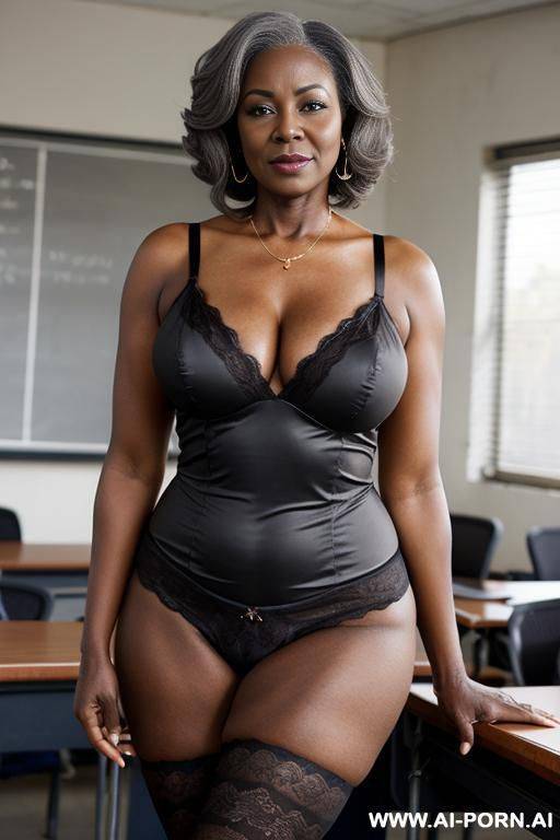 mature african gilf in lingerie, curvy, dark skinned, infront of classroom with men - #main